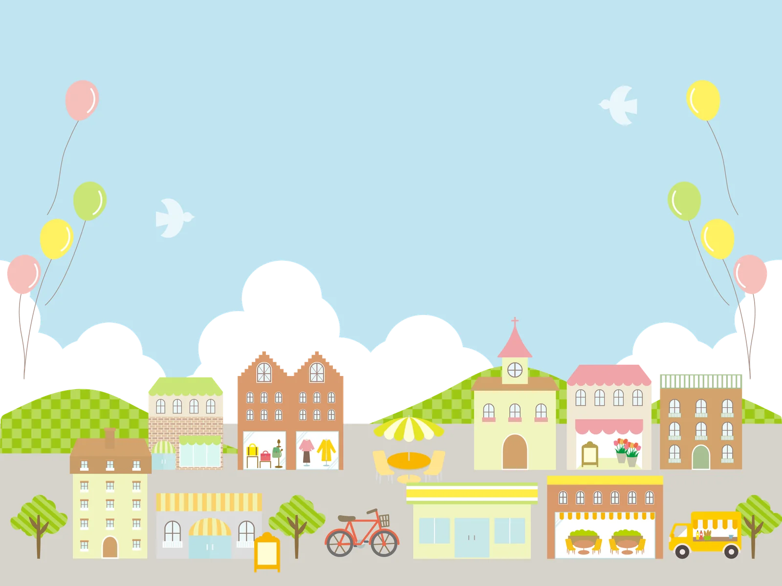 気球が浮かぶカラフルな街並みのイラスト